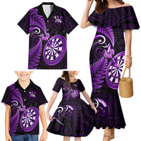 Personalised New Zealand Darts Family Matching Mermaid Dress and Hawaiian Shirt Happiness Is A Tight Threesome Maori Purple - Wonder Print Shop