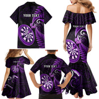Personalised New Zealand Darts Family Matching Mermaid Dress and Hawaiian Shirt Happiness Is A Tight Threesome Maori Purple - Wonder Print Shop