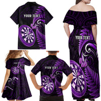 Personalised New Zealand Darts Family Matching Off Shoulder Long Sleeve Dress and Hawaiian Shirt Happiness Is A Tight Threesome Maori Purple - Wonder Print Shop