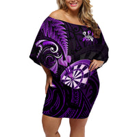 Personalised New Zealand Darts Family Matching Off Shoulder Short Dress and Hawaiian Shirt Happiness Is A Tight Threesome Maori Purple - Wonder Print Shop