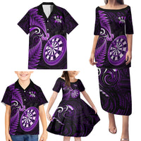 Personalised New Zealand Darts Family Matching Puletasi Dress and Hawaiian Shirt Happiness Is A Tight Threesome Maori Purple - Wonder Print Shop