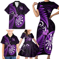Personalised New Zealand Darts Family Matching Short Sleeve Bodycon Dress and Hawaiian Shirt Happiness Is A Tight Threesome Maori Purple - Wonder Print Shop