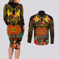 Papua New Guinea Central Province Couples Matching Long Sleeve Bodycon Dress and Long Sleeve Button Shirts Papua Niugini Coat Of Arms With Flag Style - Wonder Print Shop