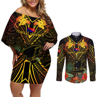 Papua New Guinea Central Province Couples Matching Off Shoulder Short Dress and Long Sleeve Button Shirts Papua Niugini Coat Of Arms With Flag Style - Wonder Print Shop