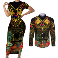 Papua New Guinea Central Province Couples Matching Short Sleeve Bodycon Dress and Long Sleeve Button Shirts Papua Niugini Coat Of Arms With Flag Style - Wonder Print Shop