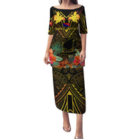 Papua New Guinea Central Province Family Matching Puletasi Dress and Hawaiian Shirt Papua Niugini Coat Of Arms With Flag Style - Wonder Print Shop