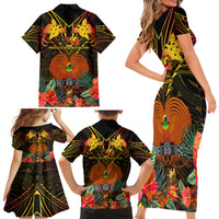 Papua New Guinea Central Province Family Matching Short Sleeve Bodycon Dress and Hawaiian Shirt Papua Niugini Coat Of Arms With Flag Style - Wonder Print Shop