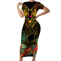 Papua New Guinea Central Province Family Matching Short Sleeve Bodycon Dress and Hawaiian Shirt Papua Niugini Coat Of Arms With Flag Style - Wonder Print Shop