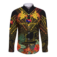Papua New Guinea Central Province Long Sleeve Button Shirt Papua Niugini Coat Of Arms With Flag Style - Wonder Print Shop