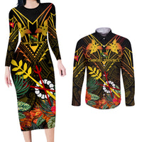 Papua New Guinea Chimbu Province Couples Matching Long Sleeve Bodycon Dress and Long Sleeve Button Shirts Papua Niugini Coat Of Arms With Flag Style - Wonder Print Shop