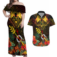 Papua New Guinea Chimbu Province Couples Matching Off Shoulder Maxi Dress and Hawaiian Shirt Papua Niugini Coat Of Arms With Flag Style - Wonder Print Shop