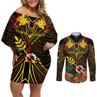 Papua New Guinea Chimbu Province Couples Matching Off Shoulder Short Dress and Long Sleeve Button Shirts Papua Niugini Coat Of Arms With Flag Style - Wonder Print Shop