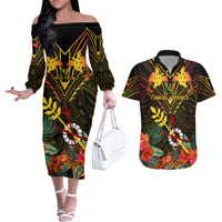 Papua New Guinea Chimbu Province Couples Matching Off The Shoulder Long Sleeve Dress and Hawaiian Shirt Papua Niugini Coat Of Arms With Flag Style - Wonder Print Shop