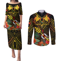 Papua New Guinea Chimbu Province Couples Matching Puletasi Dress and Long Sleeve Button Shirts Papua Niugini Coat Of Arms With Flag Style - Wonder Print Shop