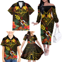 Papua New Guinea Chimbu Province Family Matching Off Shoulder Long Sleeve Dress and Hawaiian Shirt Papua Niugini Coat Of Arms With Flag Style - Wonder Print Shop