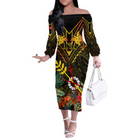 Papua New Guinea Chimbu Province Family Matching Off Shoulder Long Sleeve Dress and Hawaiian Shirt Papua Niugini Coat Of Arms With Flag Style - Wonder Print Shop