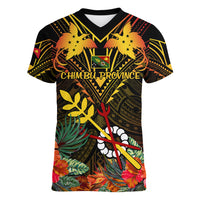 Papua New Guinea Chimbu Province Women V Neck T Shirt Papua Niugini Coat Of Arms With Flag Style - Wonder Print Shop