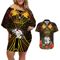 Papua New Guinea East New Britain Province Couples Matching Off Shoulder Short Dress and Hawaiian Shirt Papua Niugini Coat Of Arms With Flag Style - Wonder Print Shop