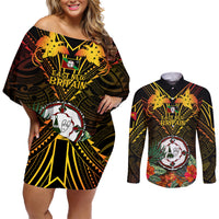 Papua New Guinea East New Britain Province Couples Matching Off Shoulder Short Dress and Long Sleeve Button Shirts Papua Niugini Coat Of Arms With Flag Style - Wonder Print Shop