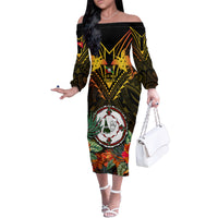 Papua New Guinea East New Britain Province Family Matching Off Shoulder Long Sleeve Dress and Hawaiian Shirt Papua Niugini Coat Of Arms With Flag Style - Wonder Print Shop