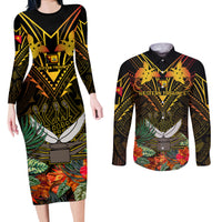 Papua New Guinea Western Province Couples Matching Long Sleeve Bodycon Dress and Long Sleeve Button Shirts Papua Niugini Coat Of Arms With Flag Style - Wonder Print Shop