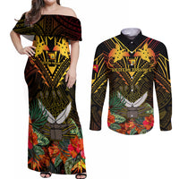 Papua New Guinea Western Province Couples Matching Off Shoulder Maxi Dress and Long Sleeve Button Shirts Papua Niugini Coat Of Arms With Flag Style - Wonder Print Shop