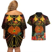 Papua New Guinea Western Province Couples Matching Off Shoulder Short Dress and Hawaiian Shirt Papua Niugini Coat Of Arms With Flag Style - Wonder Print Shop