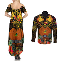 Papua New Guinea Western Province Couples Matching Summer Maxi Dress and Long Sleeve Button Shirts Papua Niugini Coat Of Arms With Flag Style - Wonder Print Shop