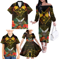 Papua New Guinea Western Province Family Matching Off Shoulder Long Sleeve Dress and Hawaiian Shirt Papua Niugini Coat Of Arms With Flag Style - Wonder Print Shop