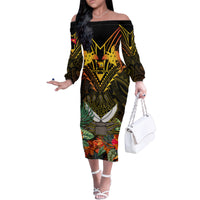 Papua New Guinea Western Province Family Matching Off Shoulder Long Sleeve Dress and Hawaiian Shirt Papua Niugini Coat Of Arms With Flag Style - Wonder Print Shop