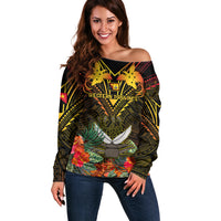 Papua New Guinea Western Province Off Shoulder Sweater Papua Niugini Coat Of Arms With Flag Style - Wonder Print Shop