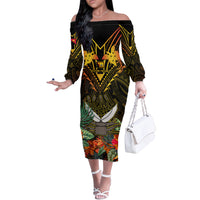 Papua New Guinea Western Province Off The Shoulder Long Sleeve Dress Papua Niugini Coat Of Arms With Flag Style - Wonder Print Shop