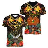 Papua New Guinea Western Province Women V Neck T Shirt Papua Niugini Coat Of Arms With Flag Style - Wonder Print Shop