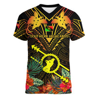 Papua New Guinea Southern Highlands Province Women V Neck T Shirt Papua Niugini Coat Of Arms With Flag Style - Wonder Print Shop
