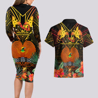 Papua New Guinea Manus Province Couples Matching Long Sleeve Bodycon Dress and Hawaiian Shirt Papua Niugini Coat Of Arms With Flag Style - Wonder Print Shop