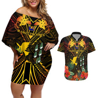 Papua New Guinea Manus Province Couples Matching Off Shoulder Short Dress and Hawaiian Shirt Papua Niugini Coat Of Arms With Flag Style - Wonder Print Shop