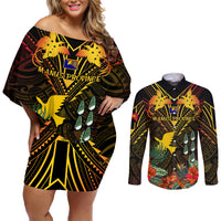 Papua New Guinea Manus Province Couples Matching Off Shoulder Short Dress and Long Sleeve Button Shirts Papua Niugini Coat Of Arms With Flag Style - Wonder Print Shop