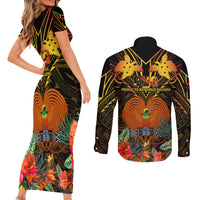 Papua New Guinea Manus Province Couples Matching Short Sleeve Bodycon Dress and Long Sleeve Button Shirts Papua Niugini Coat Of Arms With Flag Style - Wonder Print Shop
