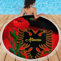 Albania Flag Day Beach Blanket Albanian Coat Of Arms With Red Poppy - Wonder Print Shop
