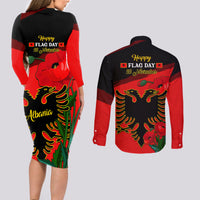 Albania Flag Day Couples Matching Long Sleeve Bodycon Dress and Long Sleeve Button Shirt Albanian Coat Of Arms With Red Poppy - Wonder Print Shop