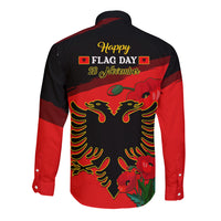 Albania Flag Day Long Sleeve Button Shirt Albanian Coat Of Arms With Red Poppy - Wonder Print Shop