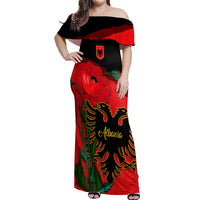 Albania Flag Day Off Shoulder Maxi Dress Albanian Coat Of Arms With Red Poppy - Wonder Print Shop