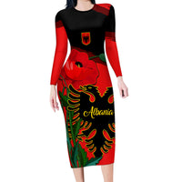 Personalised Albania Flag Day Family Matching Long Sleeve Bodycon Dress and Hawaiian Shirt Albanian Coat Of Arms With Red Poppy - Wonder Print Shop