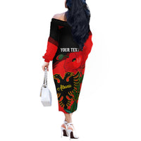 Personalised Albania Flag Day Off The Shoulder Long Sleeve Dress Albanian Coat Of Arms With Red Poppy - Wonder Print Shop