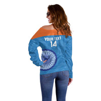 Custom India Cricket Off Shoulder Sweater Go Women In Blue - Wonder Print Shop