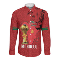 Morocco Football Custom Long Sleeve Button Shirt Atlas Lions Champions African Red Islamic Pattern