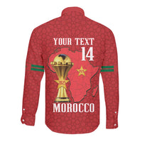 Morocco Football Custom Long Sleeve Button Shirt Atlas Lions Champions African Red Islamic Pattern