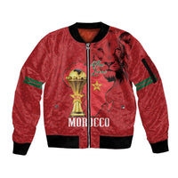 Morocco Football Custom Sleeve Zip Bomber Jacket Atlas Lions Champions African Red Islamic Pattern