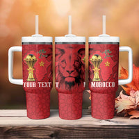 Morocco Football Custom Tumbler With Handle Atlas Lions Champions African Red Islamic Pattern