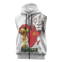 Morocco Football Custom Sleeveless Zip Hoodie Atlas Lions Champions African White Islamic Pattern